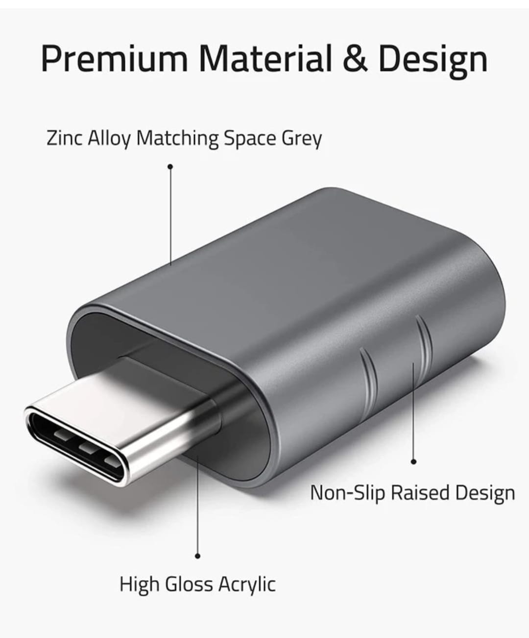 USB Type-C OTG Adapter, USB 3.0 Ultra-Fast Data Transfer, Premium Zinc Alloy, Space Grey